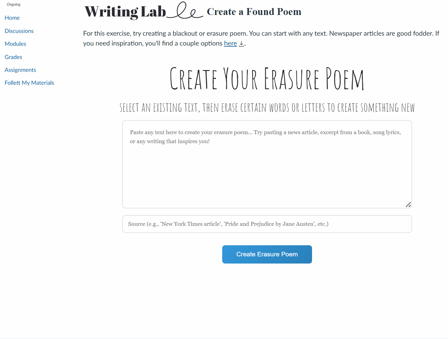 LMS page showing a 'Create Your Erasure Poem' widget. User pastes text into the box and clicks to the next page. The text reappears and clicking on letters or words blacks them out.