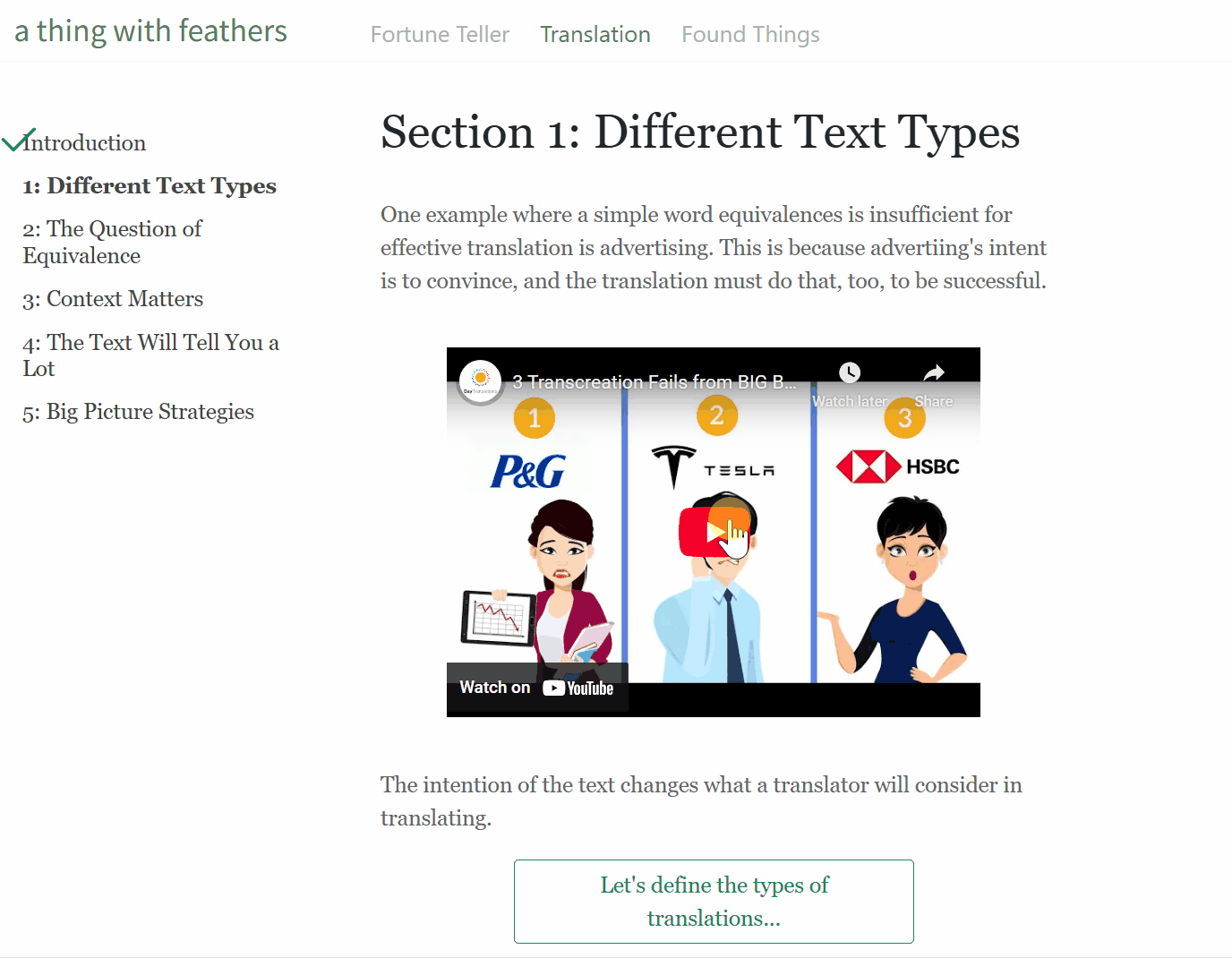 Webpage wth left navigation. Video plays with closed captioning. User clicks button to reveal more content and an interactive quiz.