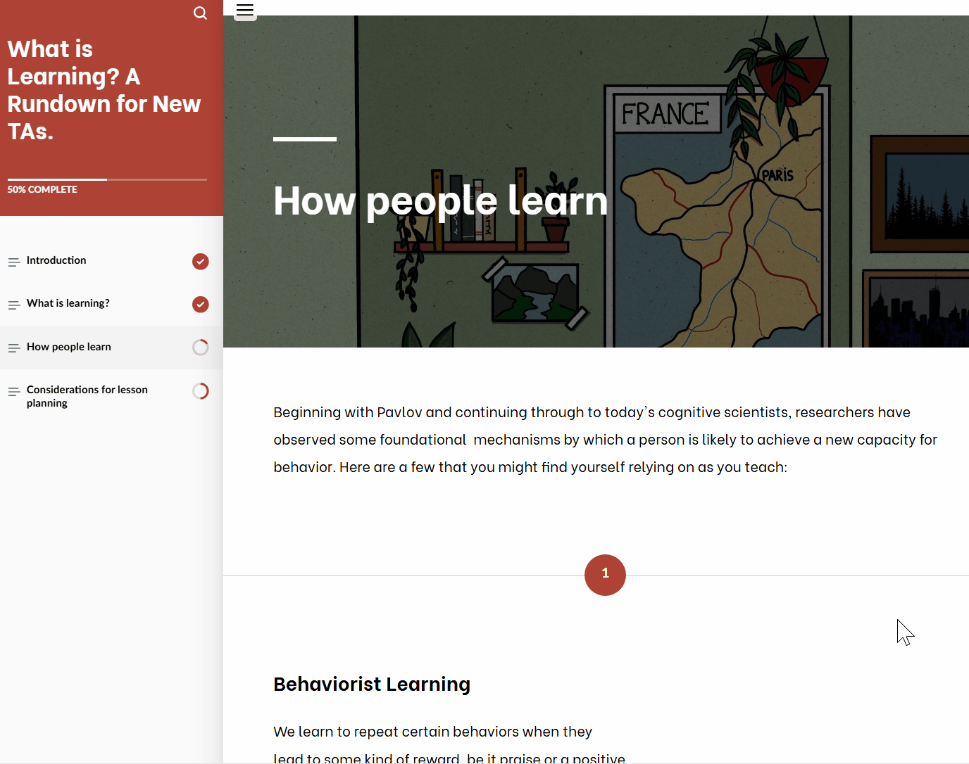 Articulate Rise course page titled 'Considerations for Lesson Planning.' 
